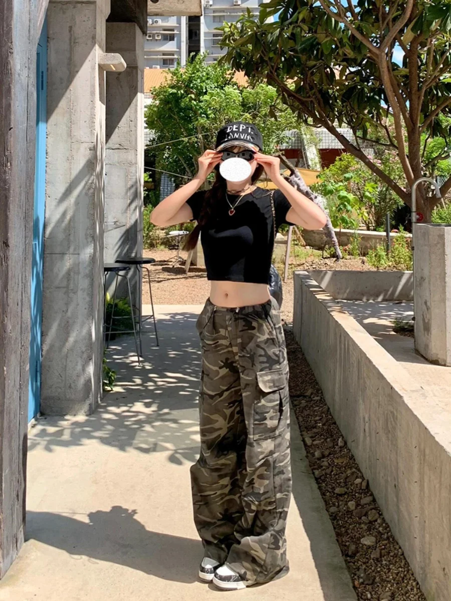 

Американские джинсы в стиле ретро с камуфляжным принтом, женские, с высокой талией, прямые, облегающие, в пол, летние, новинка 2024 года