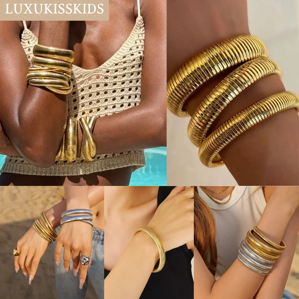 LUXUKISSKIDS Texture Flex Snake Chain Necklace Bracelet Sets Gold Plated Soft Bangle Stainless Fashion Woman/Men Jewelry Gifts