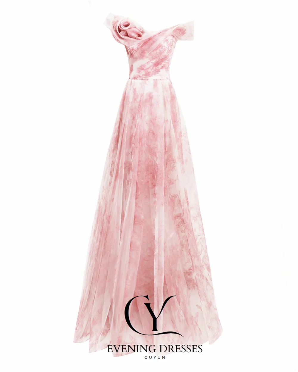 CUYUN فساتين حفلة موسيقية فاخرة منقوشة بالزهور قبالة الكتف مطوي على شكل حرف A فساتين سهرة مخصصة لعيد الميلاد فستان مناسبة رسمية #4