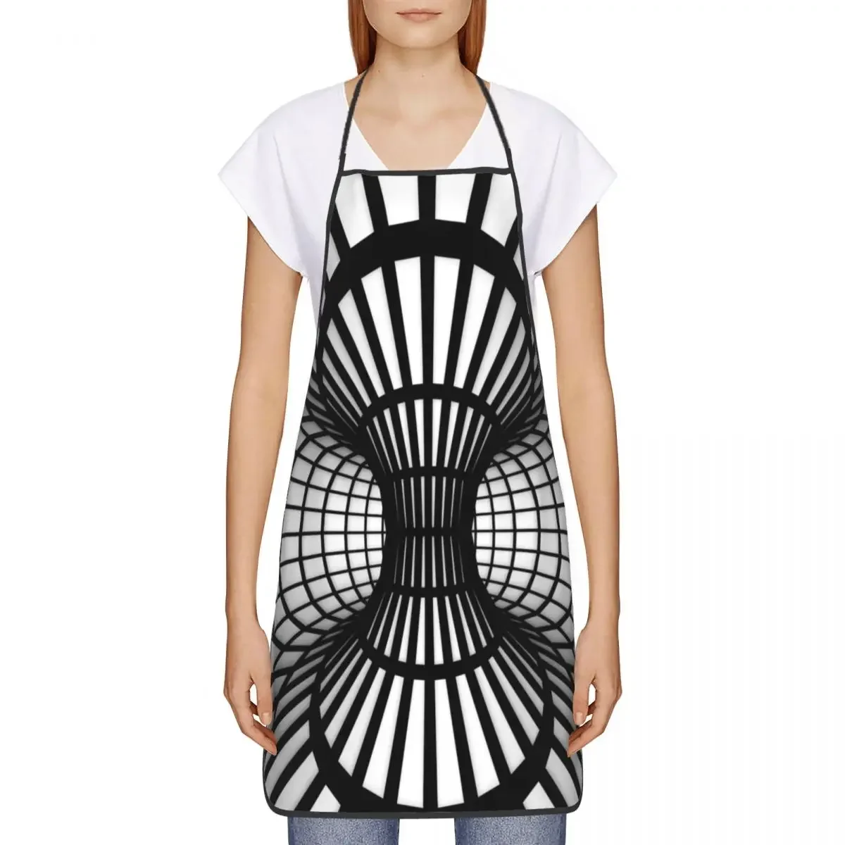 Custom Bib Op Art Black And White Aprons Men Women Unisex Adult Chef Cooking Kitchen Wireframe Tunnel Geometric Tablier Cuisine