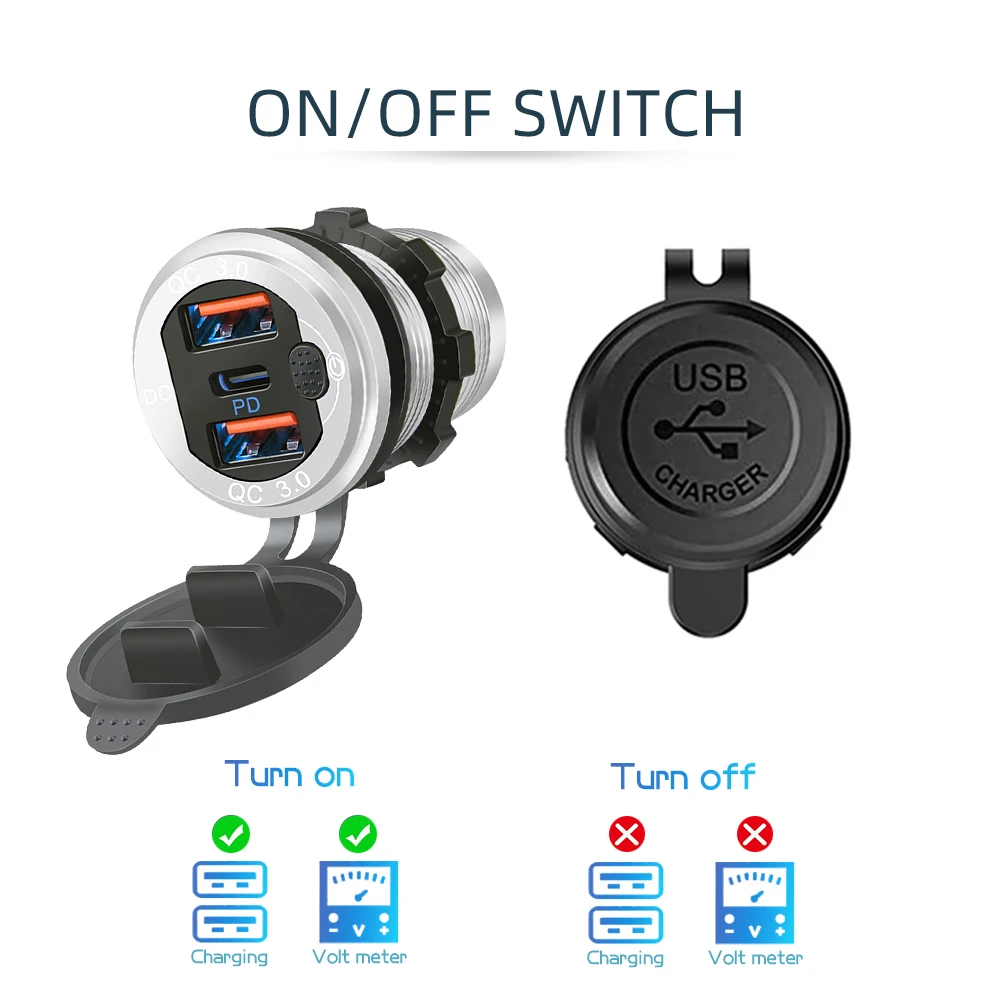 12V/24V USB Typ-C Mehrere Autoladebuchse PD3.0 & QC3.0 Ports Wasserdicht mit Touch-Schalter Schnelllade-Auto-Moto-Adapter – Detail 10