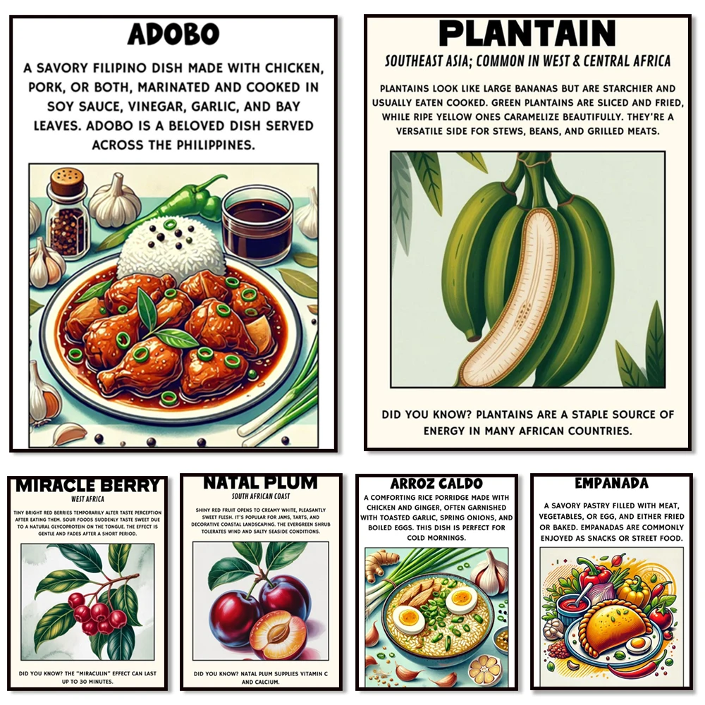 Plátanos africanos, fruta milagrosa, ciruelas navideñas, tartas, curry de hojas de taro, ensalada de cordero asado, carteles tradicionales de cocina filipina