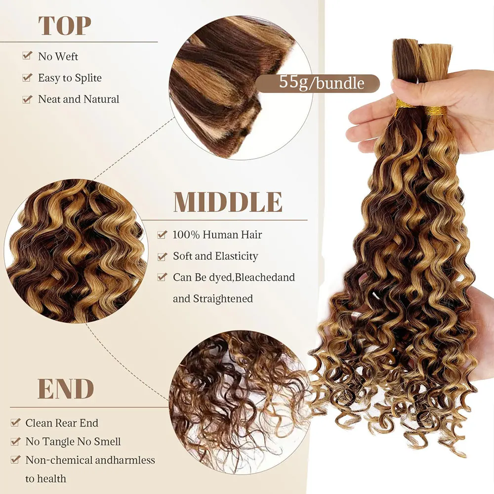 Mechones brasileños de cabello humano trenzado de Color ombré, resaltado, 4/27, para trenzar extensiones de cabello humano a granel con ondas profundas, sin trama