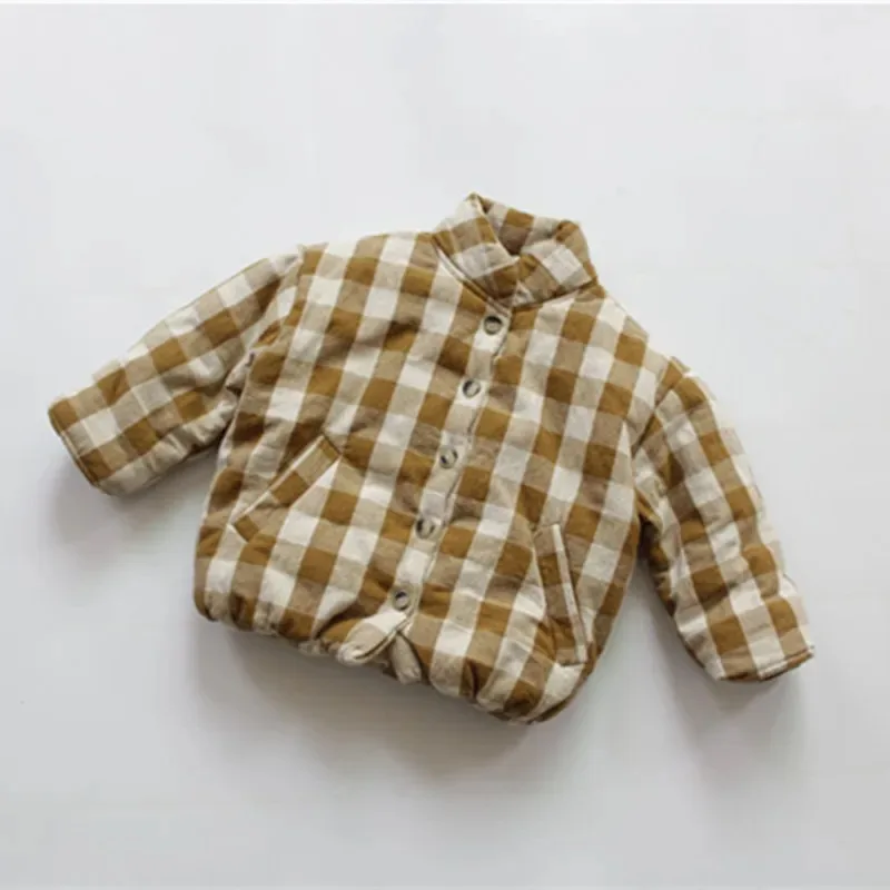 

New Winter Korean Style Unisex Kids Plaid Coats Thicken Warm Baby Children Cotton Padded Outerwear