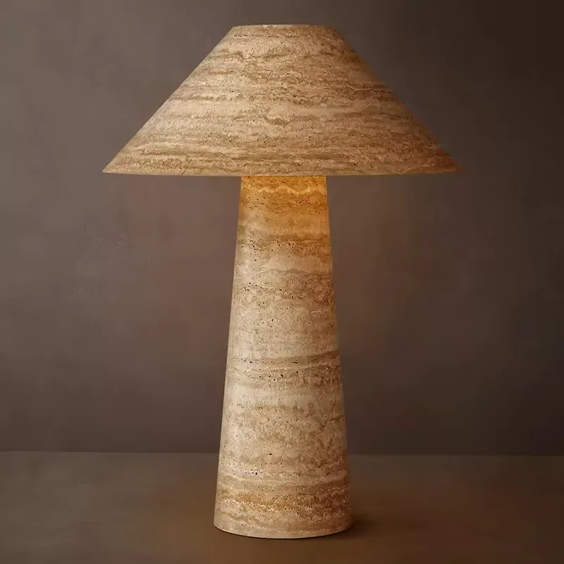 Japanese Wabi Sabi Brass Cone Table Lamp Natural Travertine Mushroom Shape E26 Base Simple Bedside Light for Living Room Home