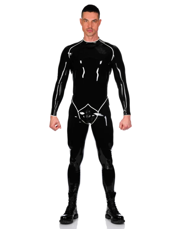 

New Latex 100% Catsuit Black handsome jumpsuit Silver trim Racing suit Cosplay Rubber Size XS-XXL 0.4mm