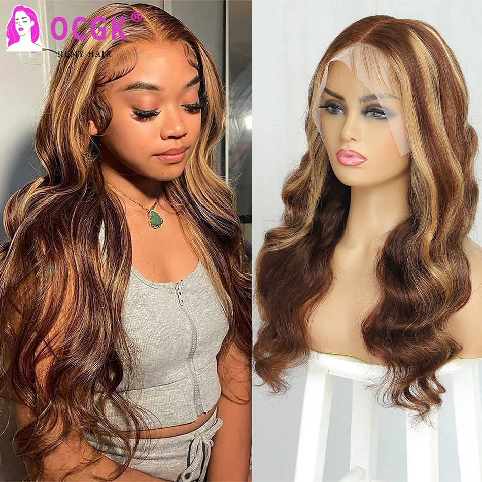 

Lace Front Wigs Human Hair Colored Highlight Ombre Brown Transparent 13X6 Lace Frontal Wig Pre Plucked Hairline P4/27 18-30Inch