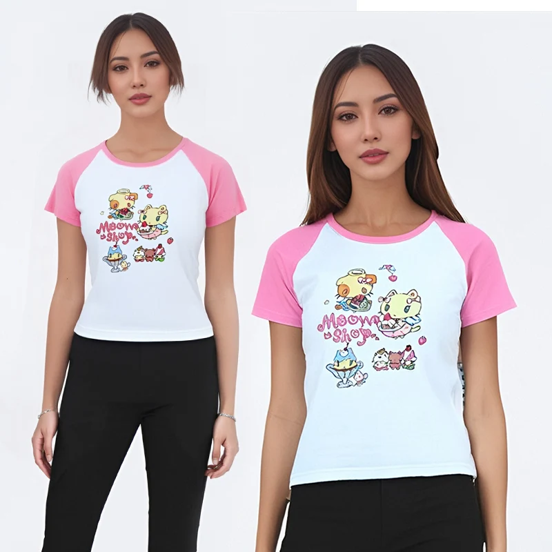 T-shirt patchwork bianca rosa con stampa gatto girocollo T-shirt corte slim carino Kawaii estate 2024 donna giovane casual top a maniche corte