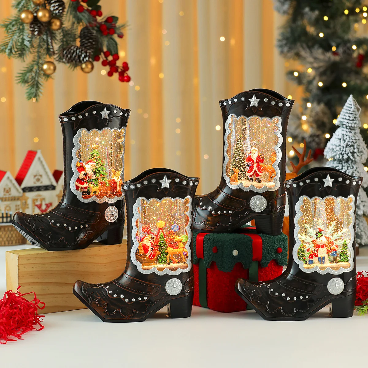 New Creativity High Heels Shape Shine Snowfall Desktop Ornament Restaurant Cafe Display Window Christmas Atmospheric Decorations