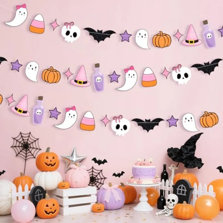 

3 Pack Purple Pink Halloween Garland Cute Pumpkin Skull Bat Ghosts Banner Pastel Halloween Hanging Garland for Home Mantle Fire