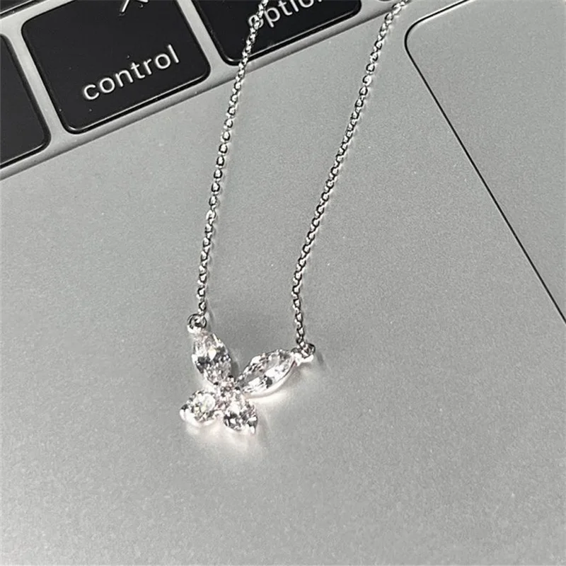 Romantic Pink Butterfly Pendant For Girlfriend Birthday Gift High Grade S925 Clavicle Necklace Female Silver Jewelry