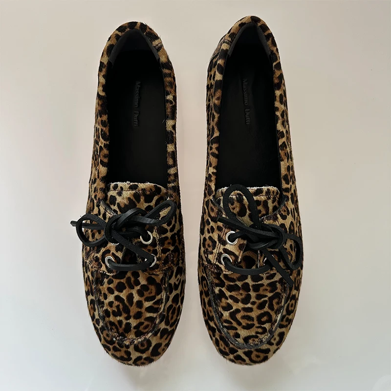 Mrxmus 2024New Women Shoes Casual Flat Bottom Lace Up Single Shoe Retro Leopard Print Horsehair Boat Shaped Round Toe Loafers