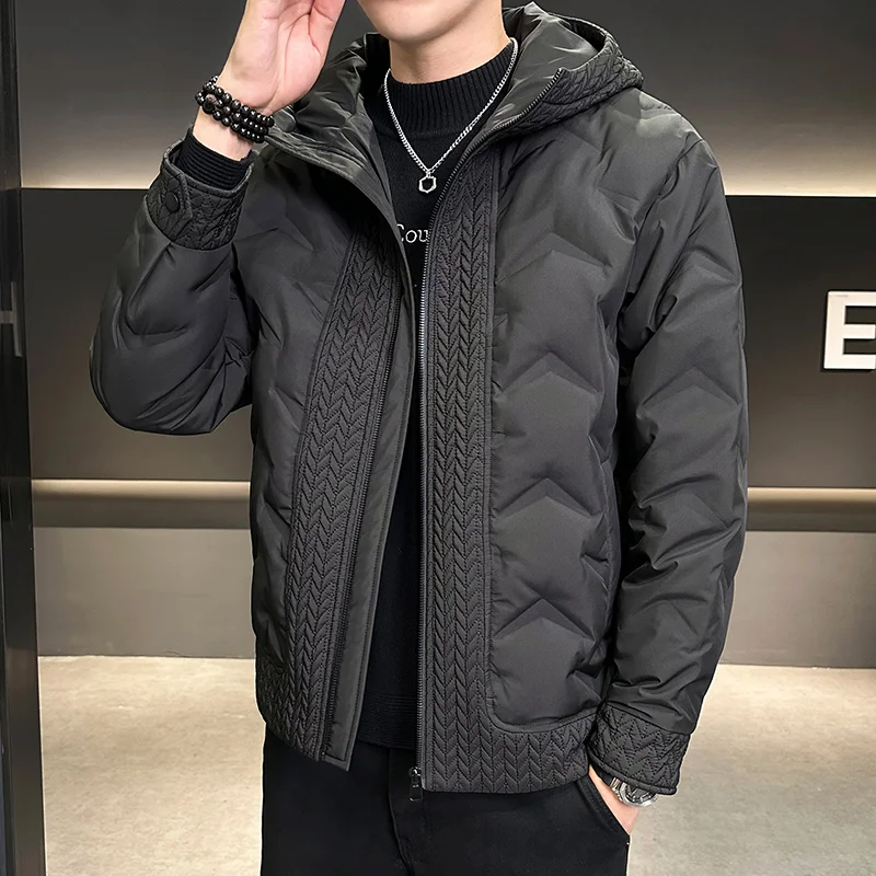 Winter Men Fashionable Hooded Down Jacket Lightweight Breathable Windproof Cold Resistant Warm Zipper Closed Solid Color Jacket