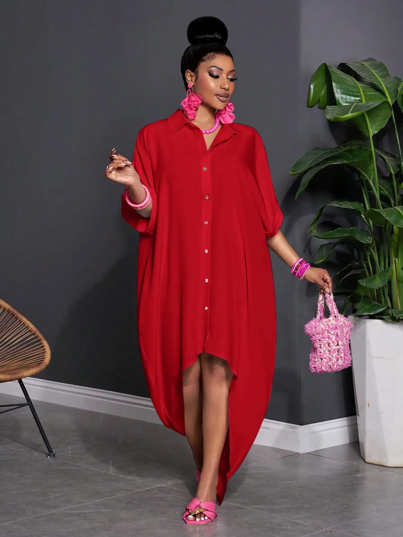 

Red Solid Color Half Sleeve Button-Up High-Low Hem Shirt Dress