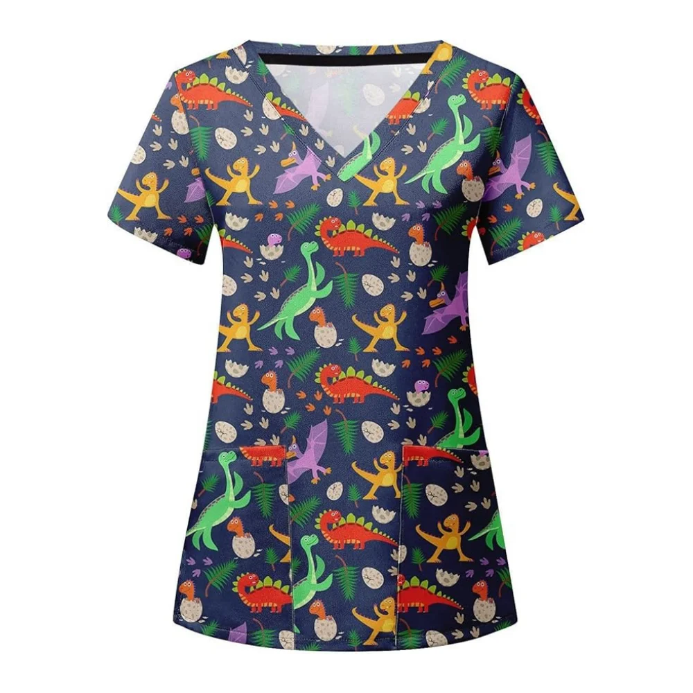زي نسائي سريري موحد على شكل ديناصور مطبوع عليه رسوم كرتونية مرنة للغاية ورقبة على شكل حرف V زي موحد ملابس طبية بجيب بأكمام قصيرة