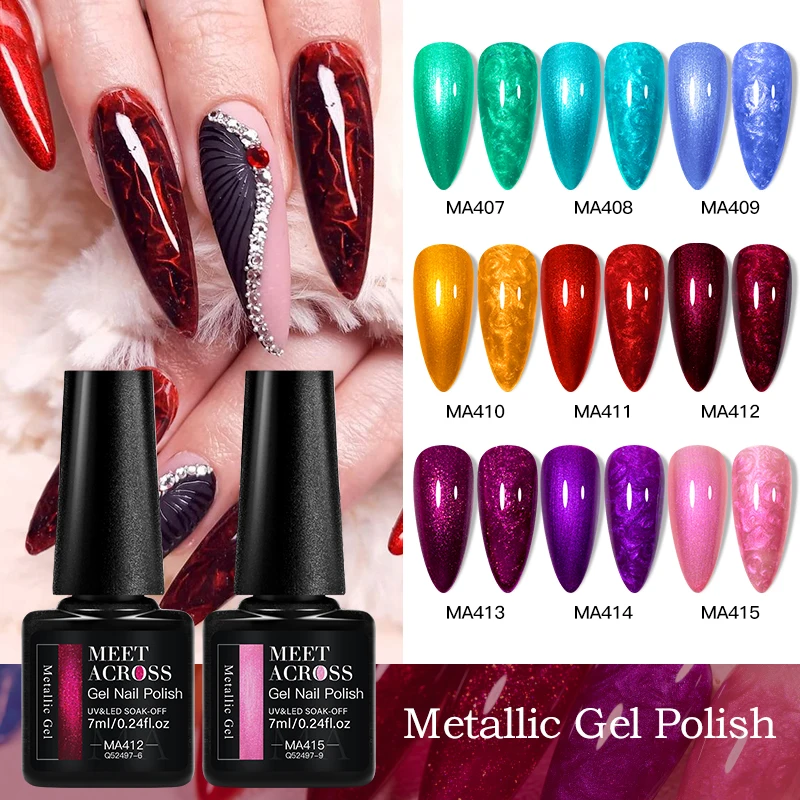 MEET ACROSS Metallic Gel Nail Polish - Semi Permanent UV LED Soak-Off Gel,7ml,Vibrant Shimmer Colors for Nail Art Design