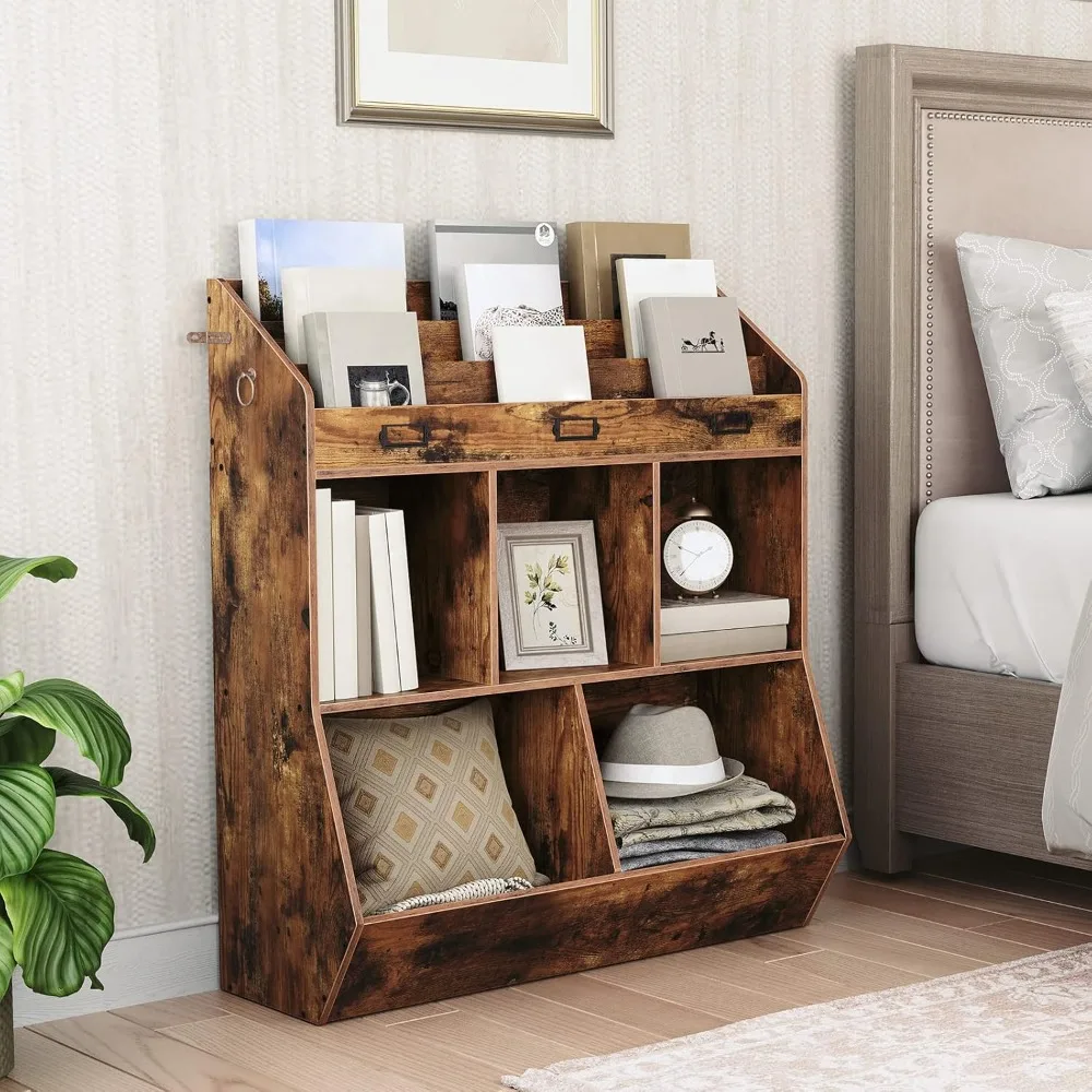 

Детская книжная полка, органайзер для хранения игрушек, книжная полка для детей, 5 отделений и трехслойные полки, подножка книжного шкафа,