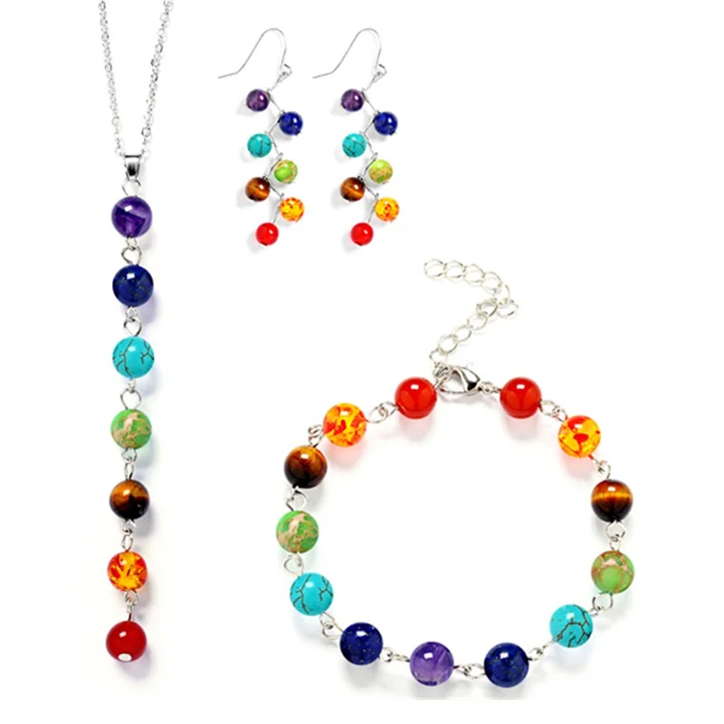 Jewelry Set for Women Multicolor Yoga Seven Chakra Agate Pendant Necklace Earring Anklet Bracelet Set Natural Stone Jewelry Set