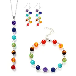 Jewelry Set for Women Multicolor Yoga Seven Chakra Agate Pendant Necklace Earring Anklet Bracelet Set Natural Stone Jewelry Set