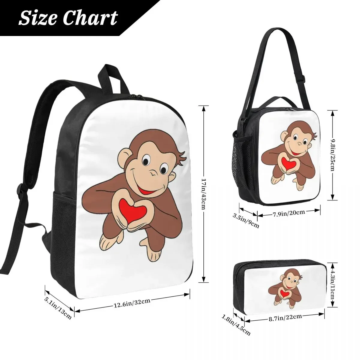 Curious George Is All Heart Backpack Boys Girls BookBag School Bag Computer Shoulder Bags 3ps Insulated Lunch Bag Pencil Case