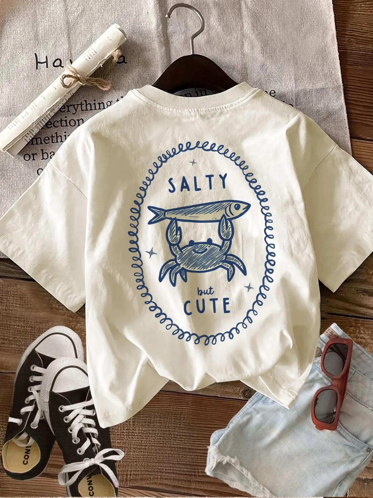 Aesthetic 100% Cotton T Shirt Funny Crab Fish Print Short Sleeve Crew Neck Tee Women Summer Casual Loose Vacation Tops