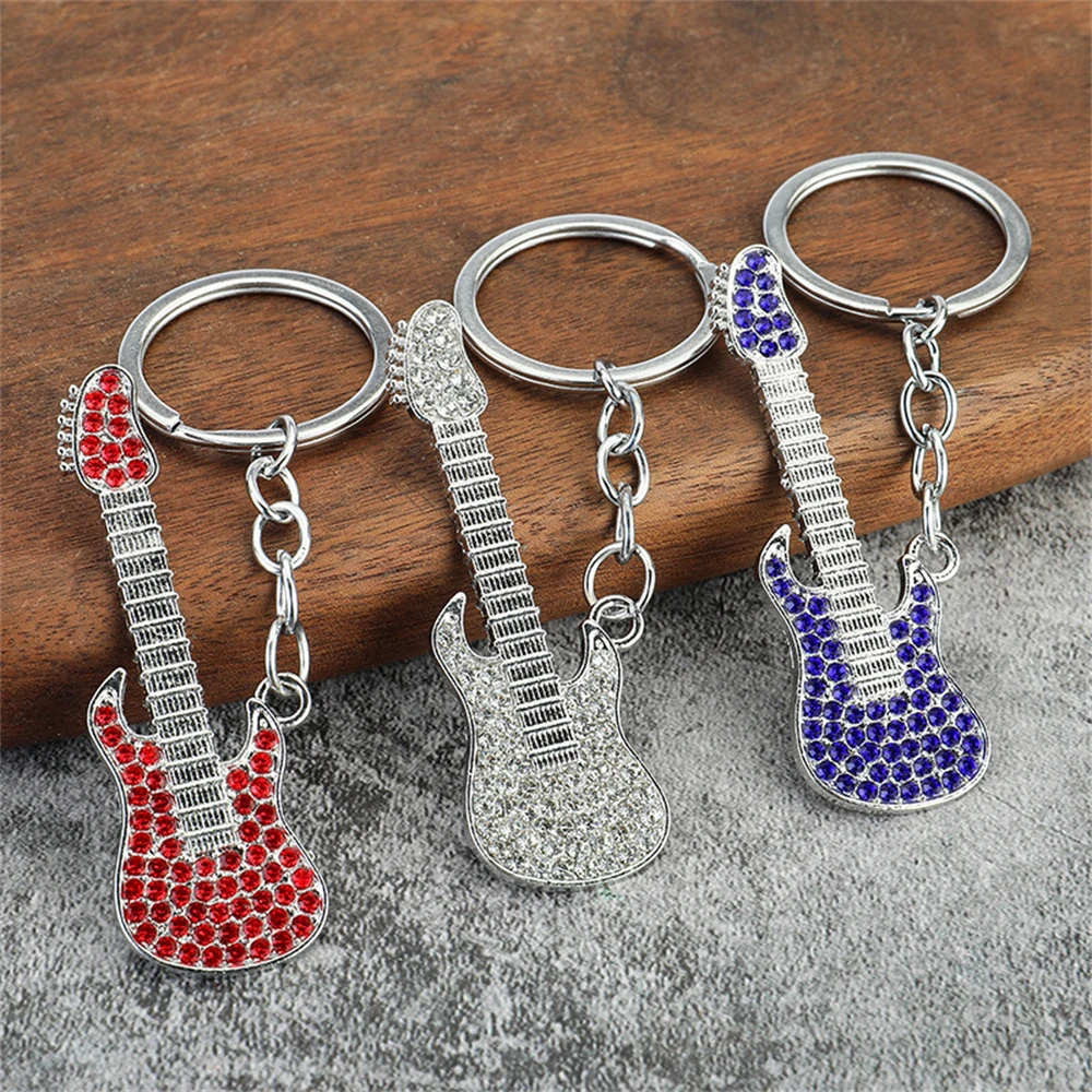 Creative Mini Musical Instruments Guitar Keychain Multi-Color Rhinestone Keyring Women Men Car Handbag Phone Case Pendent Gift