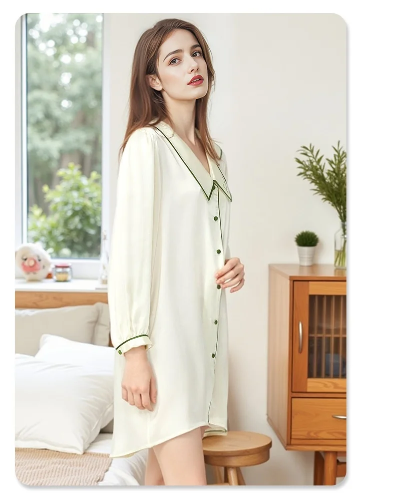 2025 Summer New Style Silk Nightdress for Women - 100% Mulberry Silk, Sexy Thin Style with Doll Collar, Loungewear Shirt Dress
