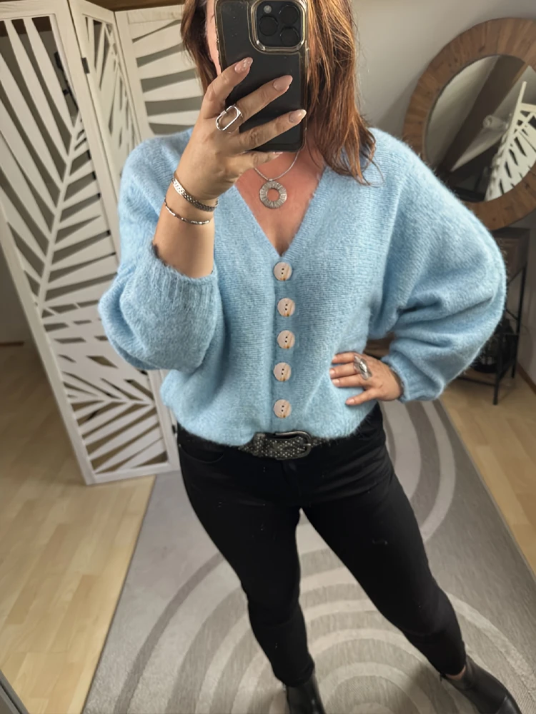 Neue Elegante Blau Große Größe Strickjacke Sexy V-ausschnitt Taste Lange Hülse Frauen Pullover Herbst Winter Koreanische Kleidung Heißer Verkauf