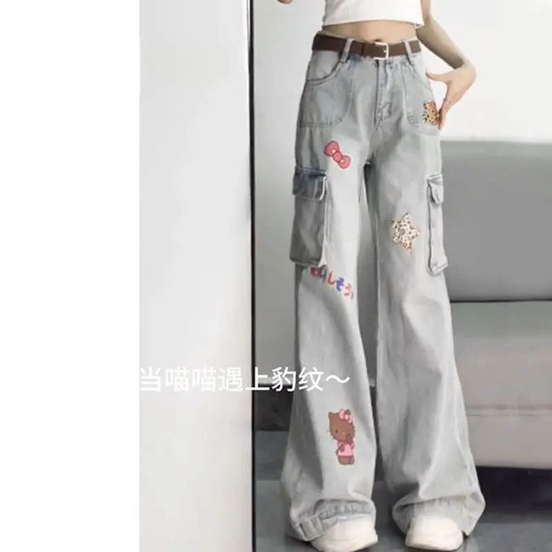 

Cartoon Cute Hello Kitty Jeans Sanrio Light Color Embroidery Straight Pants Women's Kawaii High Waist Work Floor Pants