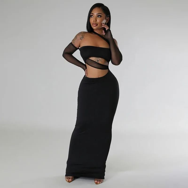 فستان KEXU Fashion النسائي الجديد المثير ذو المنظور الشبكي المرقعة فستان طويل بأكمام طويلة للحفلات الليلية للنوادي #2