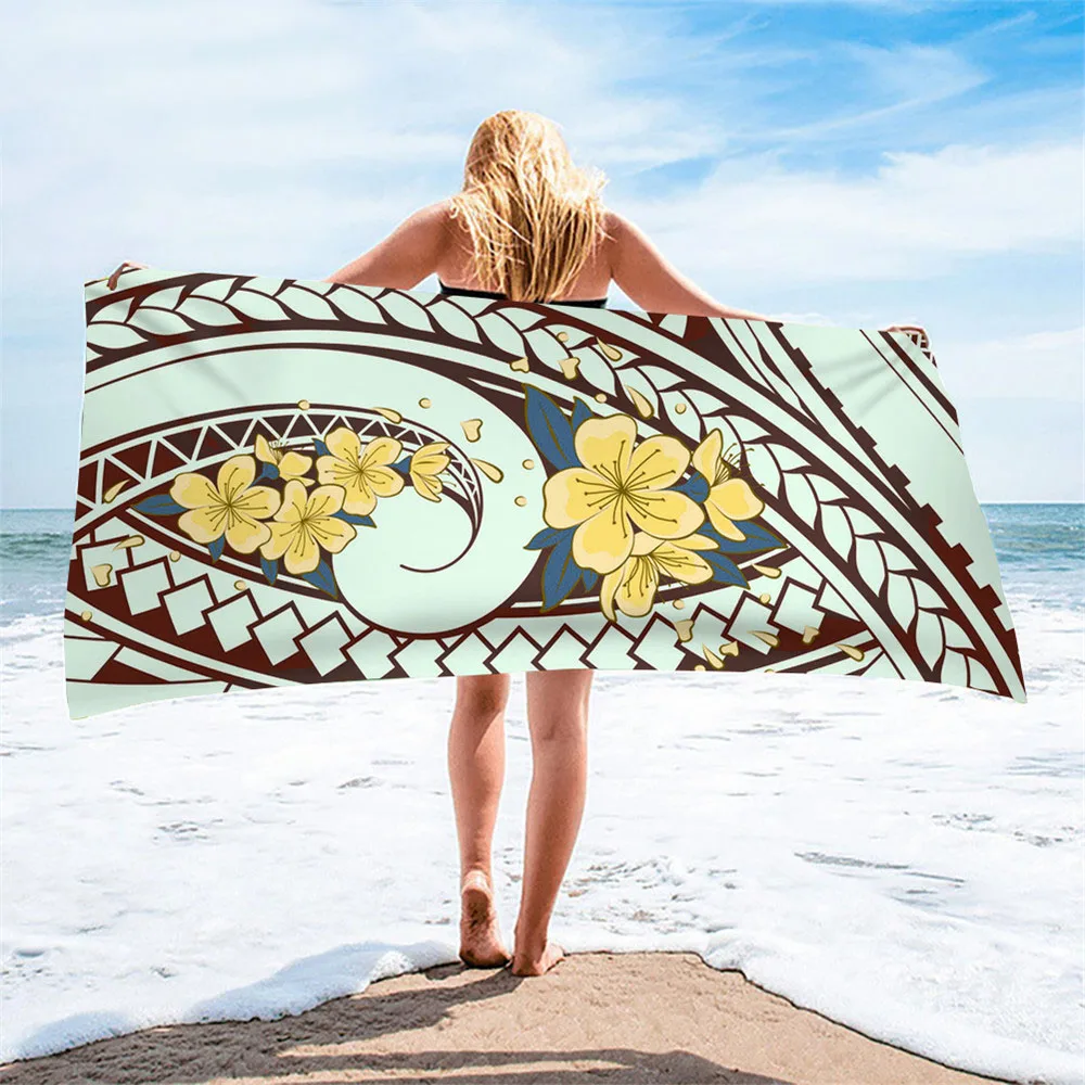 Color Polynesian Tribal Hibiscus Flower Beach Towel Soft Sand Free Quick Dry Lady Men Women Kids Bath Shower Sport Travel Towels