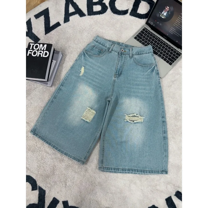 

Men's American High Street Ripped Jeans Loose Wide Leg Seven-Point Denim Shorts Summer Vintage Casual Pants