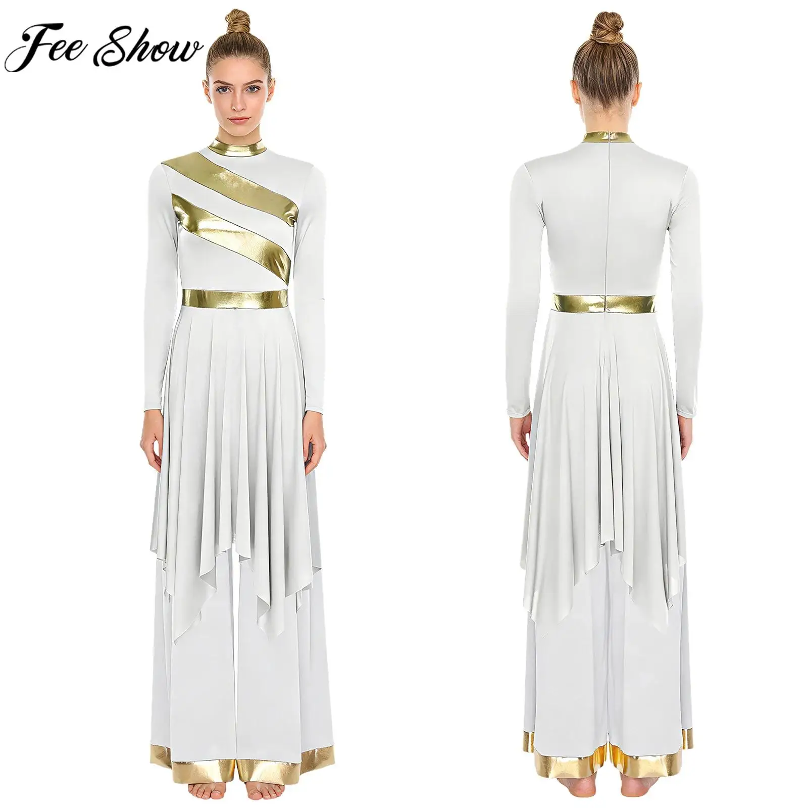 

Женский танцевальный наряд для хора поклонения, платье-туника с длинными рукавами и широкими брюками, литургический лирический танцевальный костюм