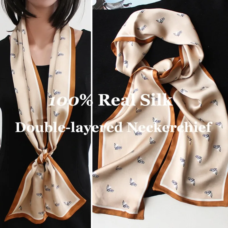 

Новый шелковый платок-повязка для волос 150x16 см, двухслойный, 100% натуральный шелк, узкий шейный платок, бандана для волос, лента для сумки, повязка на шею, хиджаб