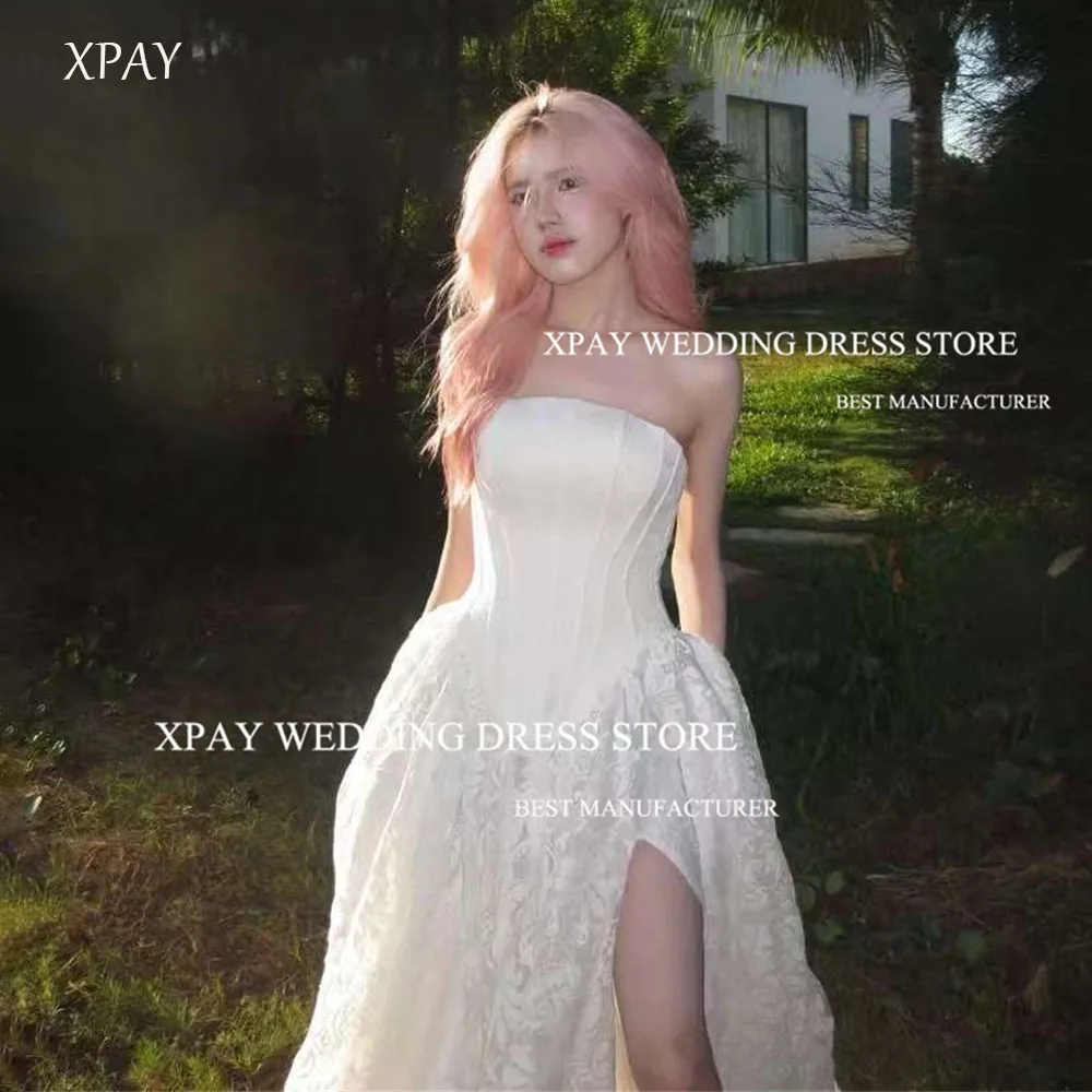 

XPAY Princess Strapless Lace Korea Wedding Dresses A Line Side High Slit Bridal Gown Backless Customised Photo Shoot Bride Dress