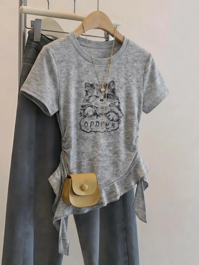 Gray Tie Dye  Shoulder Short Sleeve T Shirt Women's Summer New plus Size Slimming Asymmetrical Top Korean Style Commute