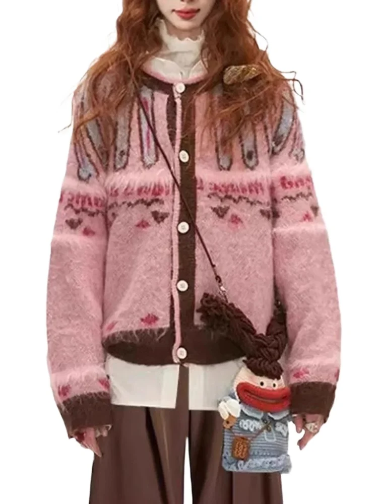 

2025 Winter Women Vintage Jacquard Knitted Cashmere Cardigan Long Sleeves Autumn New Knit Coat Sweater Single Breasted Outerwear