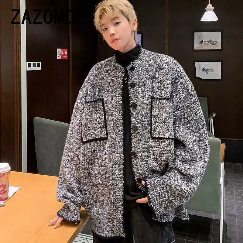 ZAZOMDE Korean Style Men Cardigan Knitted Casual Single Breasted Pockets Round Collar Male Sweater Chic Pocket Knitwear Coat