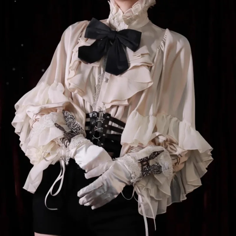 

Готическая рубашка Лолита Топ с длинным рукавом Темный косплей Новогодний топ для женщин Y2k Воротник-стойка с оборками Лоскутное шитье Blusas De Mujer