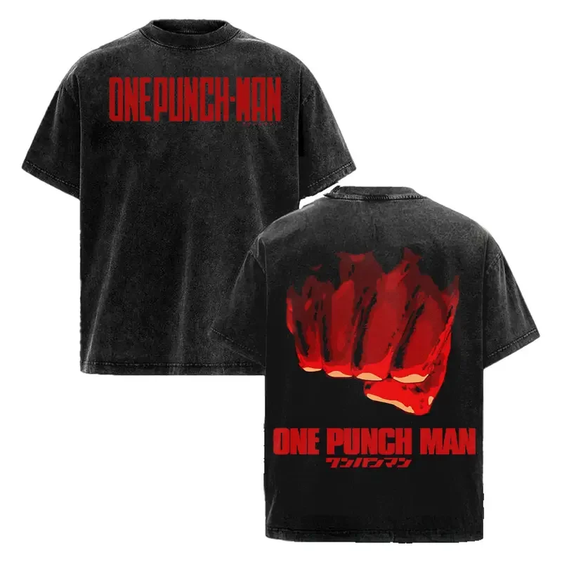 Saitama Print T-shirt ONE PUNCH MAN Anime Clothing Men Short Sleeve Cotton Tshirts Vintage Washed Tee Harajuku Male T Shirt