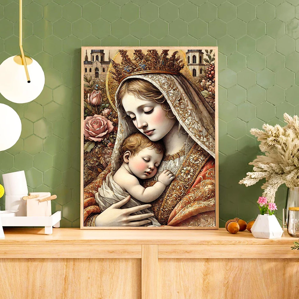 مريم العذراء زهرة الماس طقم الطلاء 5D DIY كامل فسيفساء التطريز حجر الراين أيقونة الدينية نعمة روز صورة جدار ديكور