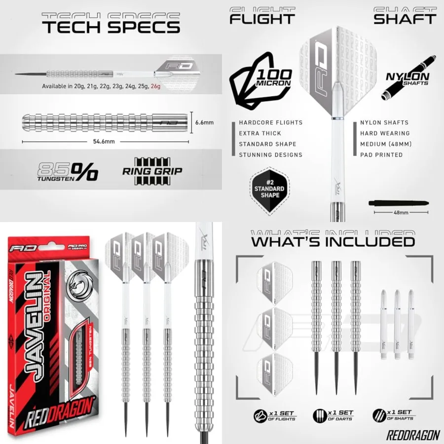 

Javelin Original Tungsten Darts Set with Dart Flights and Dart Shafts Stems - Available in 20g, 22g, 24g, 26g