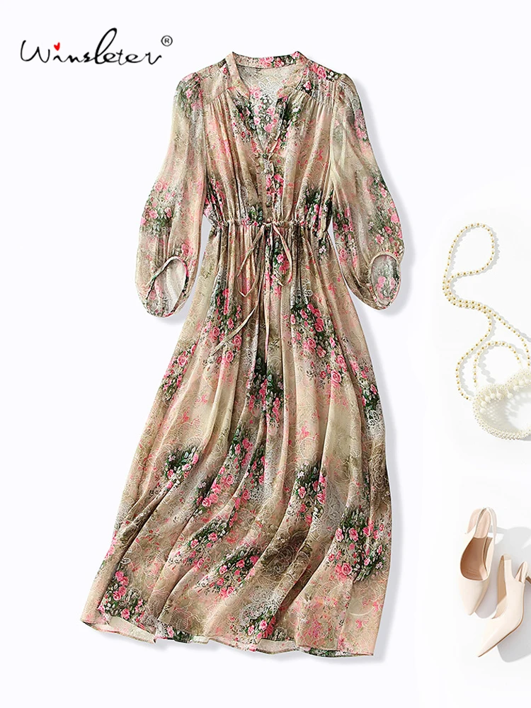 Winsleter-Women's 100%Real Silk Elegant Dress, V Neck 3/4 Sleeve Print Beading, French Vacation Dresses, 2025 Summer D56939CC