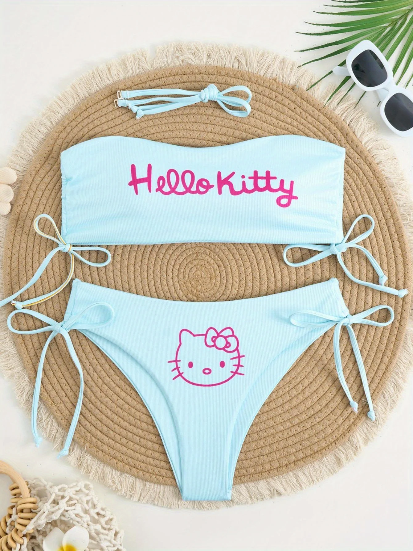 

Hello Kitty Bandeau Bikini Set Women Light Blue Ribbed Tie Side Swimwear Summer Beach Bathing Suit Two Piece Swimsuit