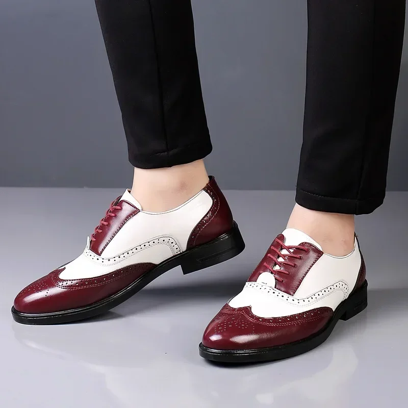 Classic brown white leather splicing men lace up casual shoes plus size comfortable business formal wedding dress shoes brogues