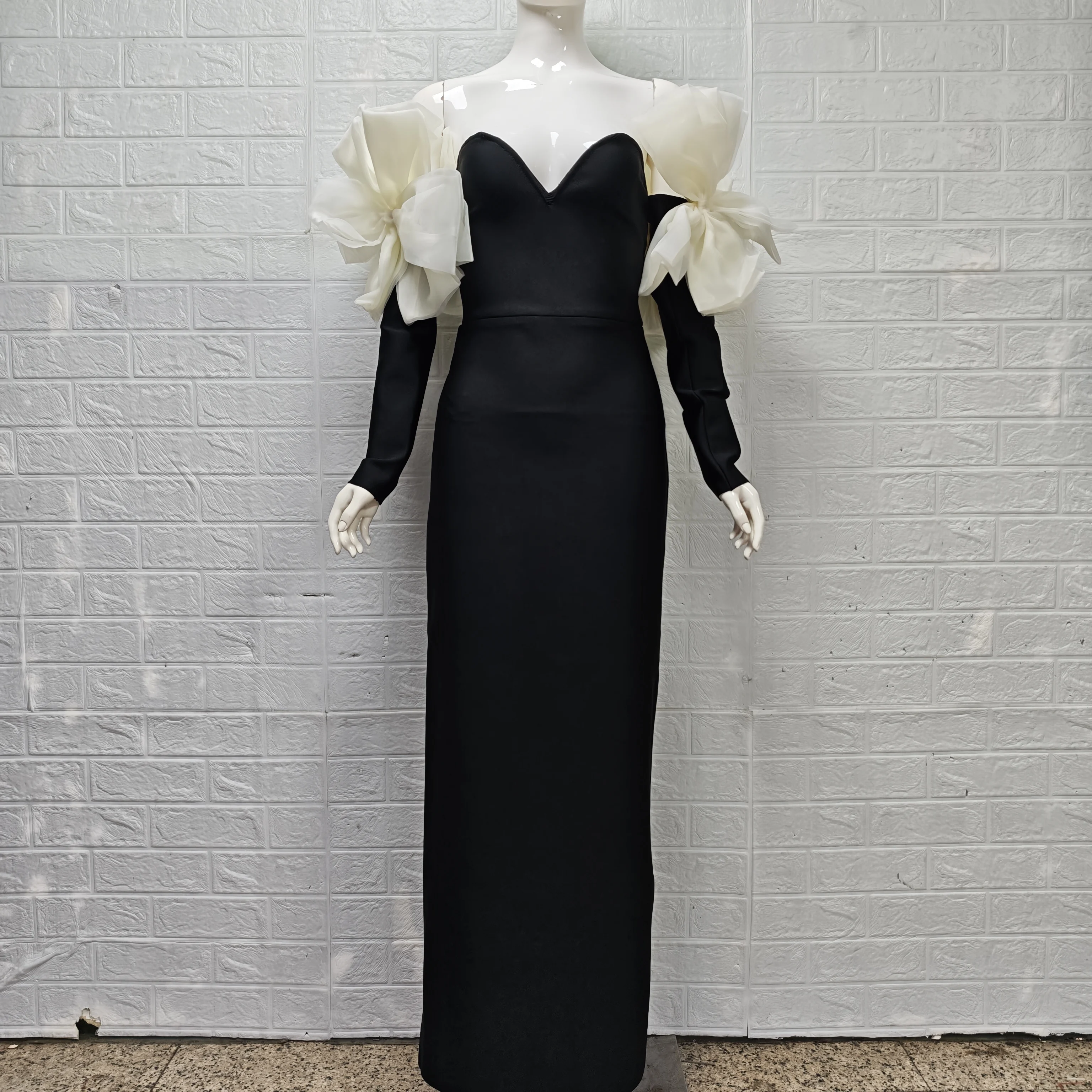 

Sexy Ladies Off-Shoulder Long Sleeves Bandage Dress Wedding Guest Bow Mesh Patchwork Woman Birthday Party Evening Dresses