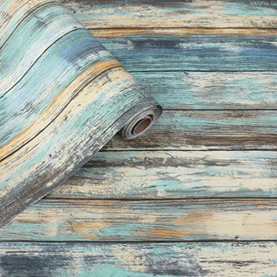 

Wood Contact Paper - Self-Adhesive and Removable Wood Wallpaper Peel and Stick, Blue Distressed Wood Grain Contact Paper for Ca