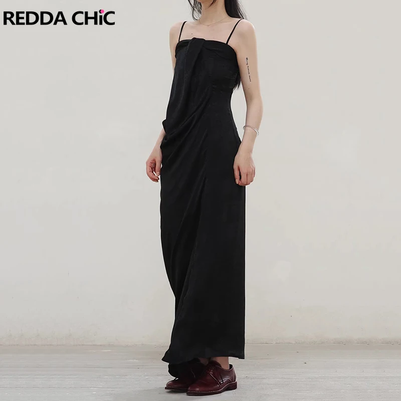 

ReddaChic Women Black Satin Maxi Long Dress Solid Strapless Corset Shirred Maxi Long Tube Dress One-piece Elegant Party Clothes
