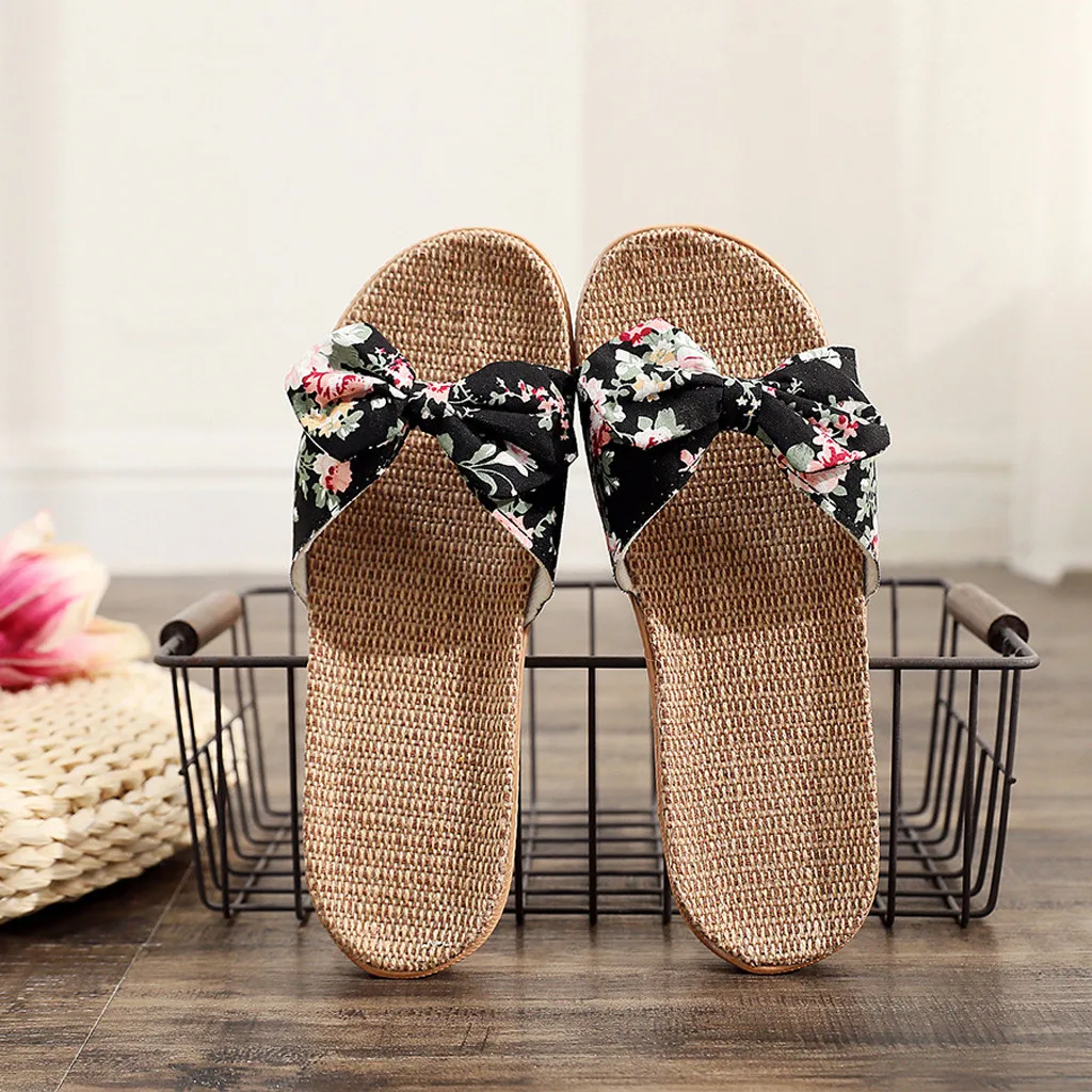 2024 New Casual Sneakers For Home Slippers Summer Fashion Bow-Knot Soft Floor Woman Indoor Flats Shoes Cute Linen Slipper