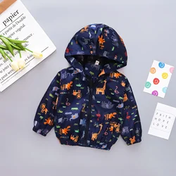 Boys Long Sleeve Dinosaur Print Zipper Hooded Jacket Autumn And Winter